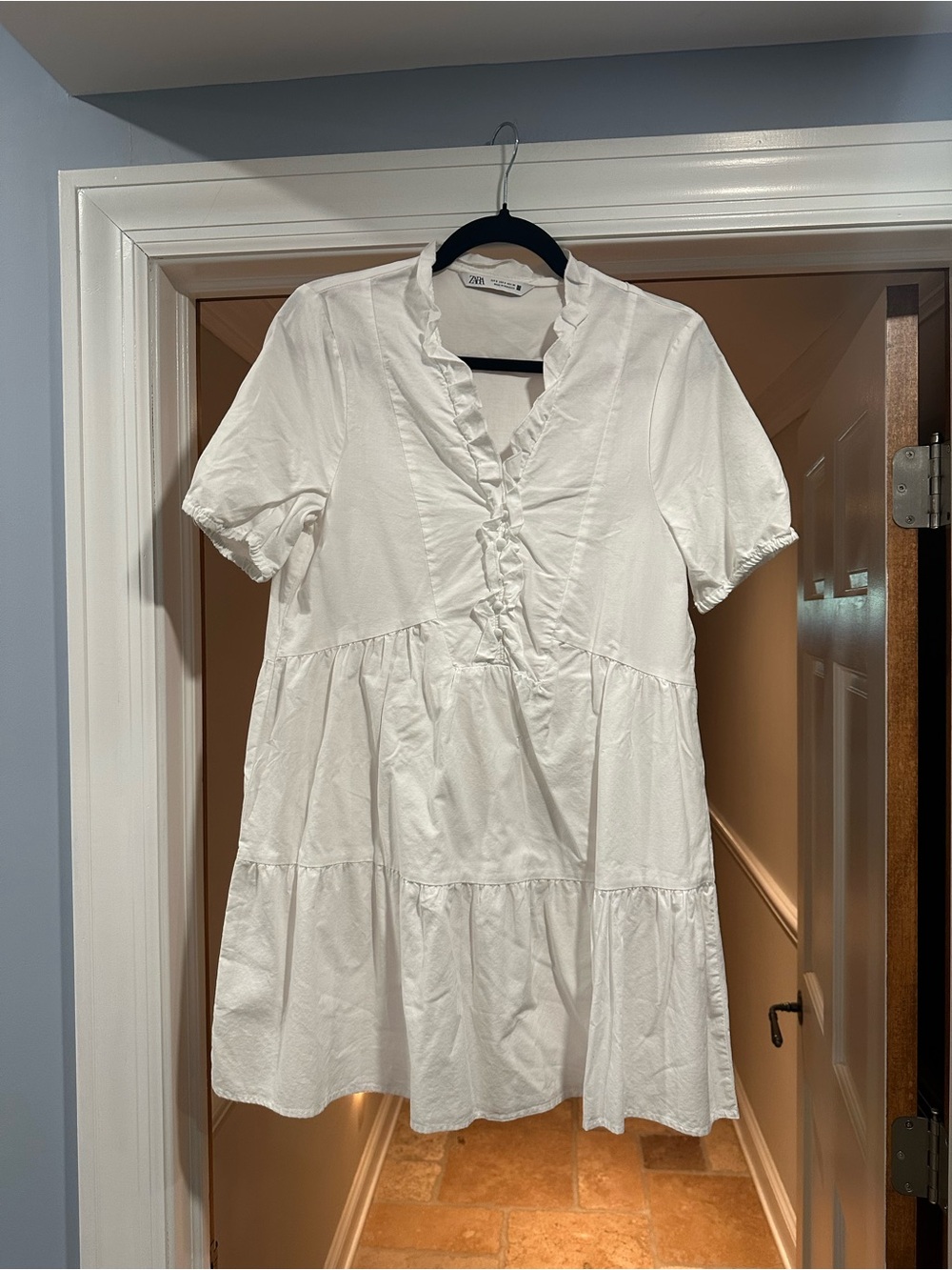 Zara White Ruffle V-Neck Tiered Mini Dress